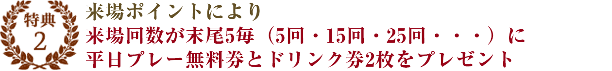 特典2：来場ポイントにより来場回数が末尾5毎（5回・15回・25回・・・）に平日プレー無料券とドリンク券2枚をプレゼント